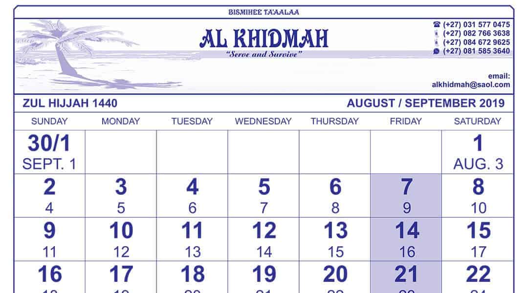Zul Hijjah 1440 Calender